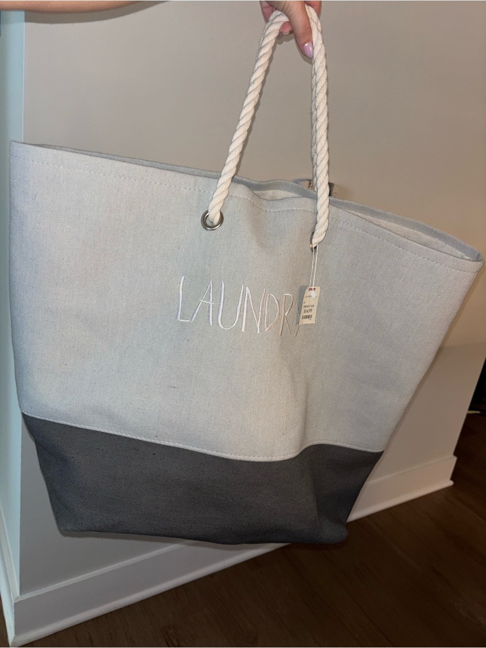Large 'LAUNDRY' Two-Tone Canvas Tote Bag - Light Gray & Dark Gray